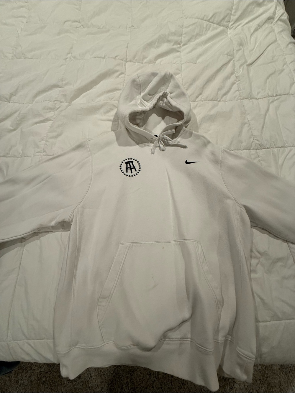Nike White Hoodie with Black Swoosh and Barstool Logo